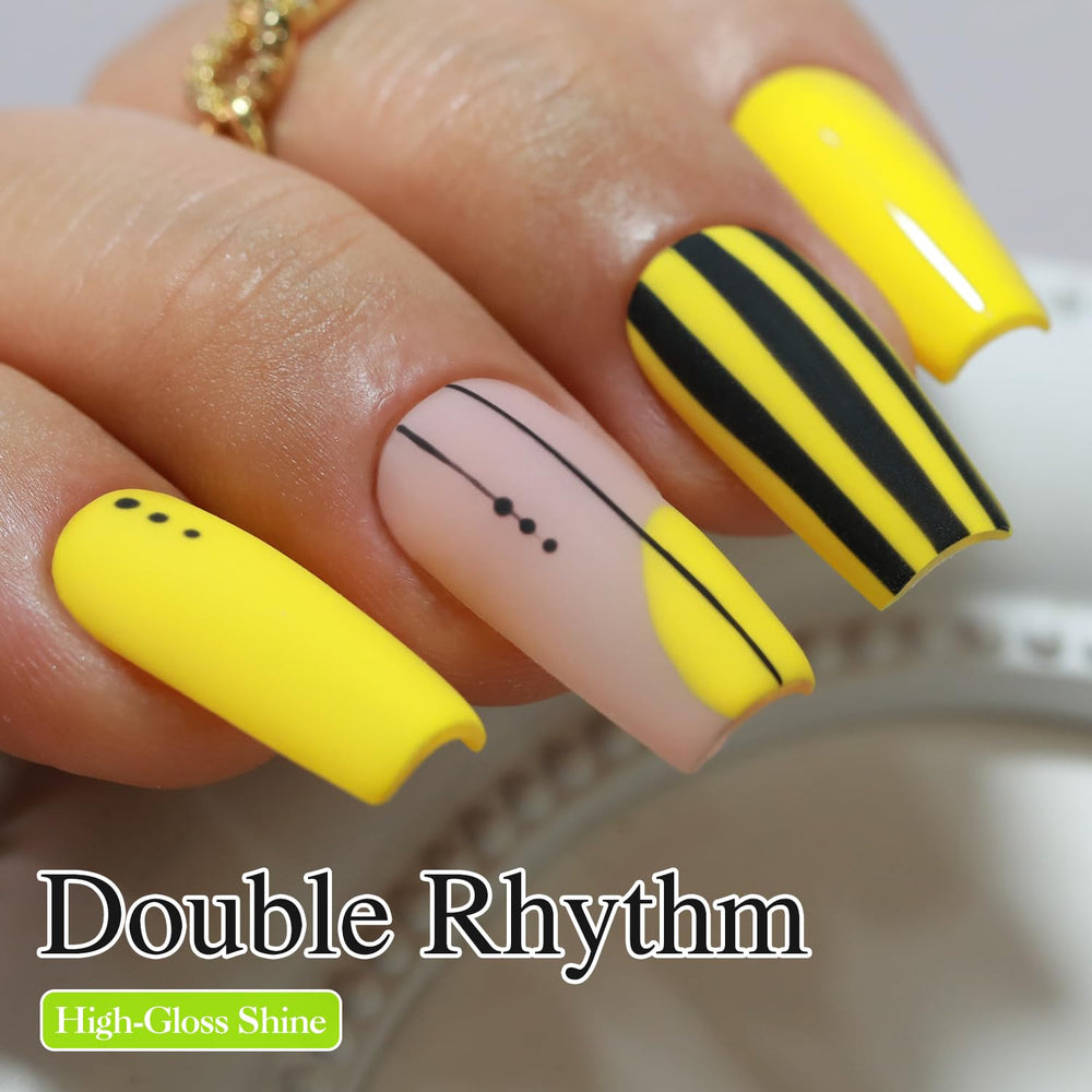 Double Rhythm Esmalte gel, color amarillo consistente en el mismo frasco.