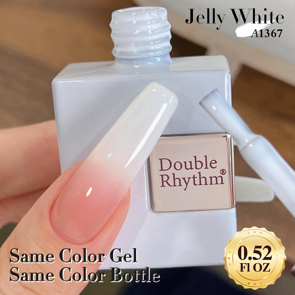 Double Rhythm gel translúcido, efecto brillo intenso y larga duración para uñas cuidadas.