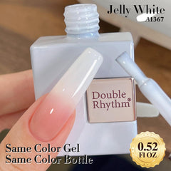 Double Rhythm gel translúcido, efecto brillo intenso y larga duración para uñas cuidadas.
