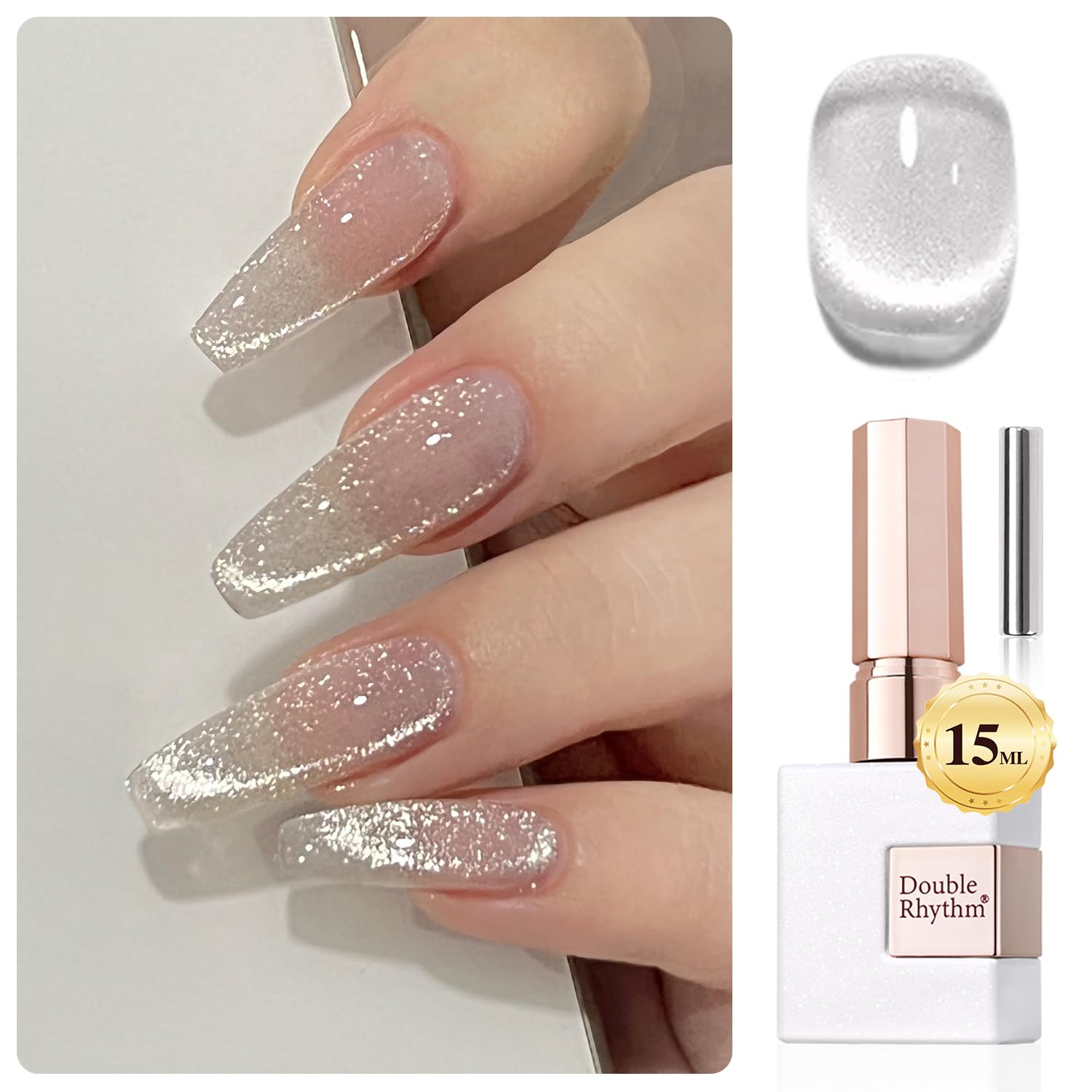 Esmalte gel ojo de gato Double Rhythm, color plateado, efecto magnético para uñas.