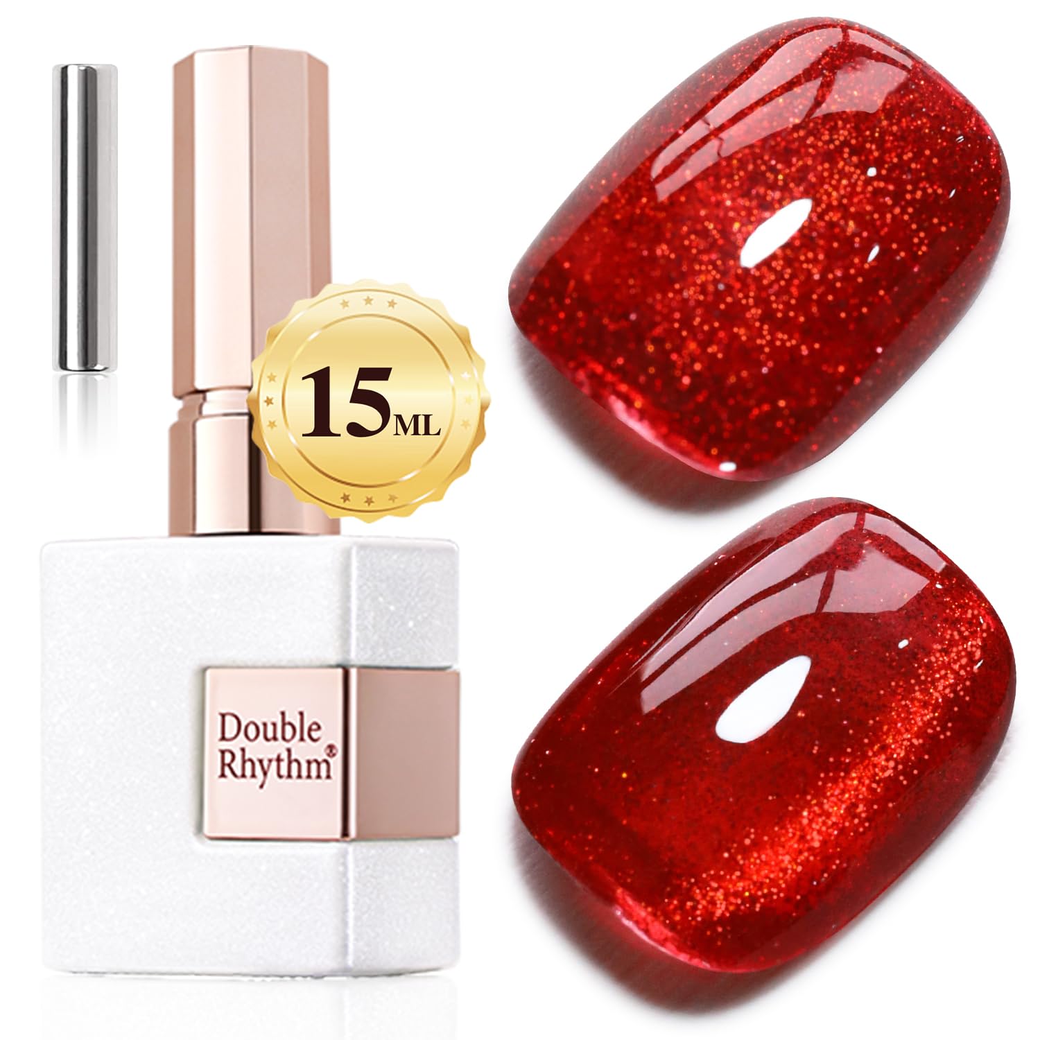 Esmalte gel ojo de gato Double Rhythm rojo sangriento con brillo holográfico para uñas.