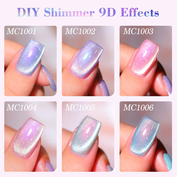 Esmalte gel para uñas de Double Rhythm en seis colores.