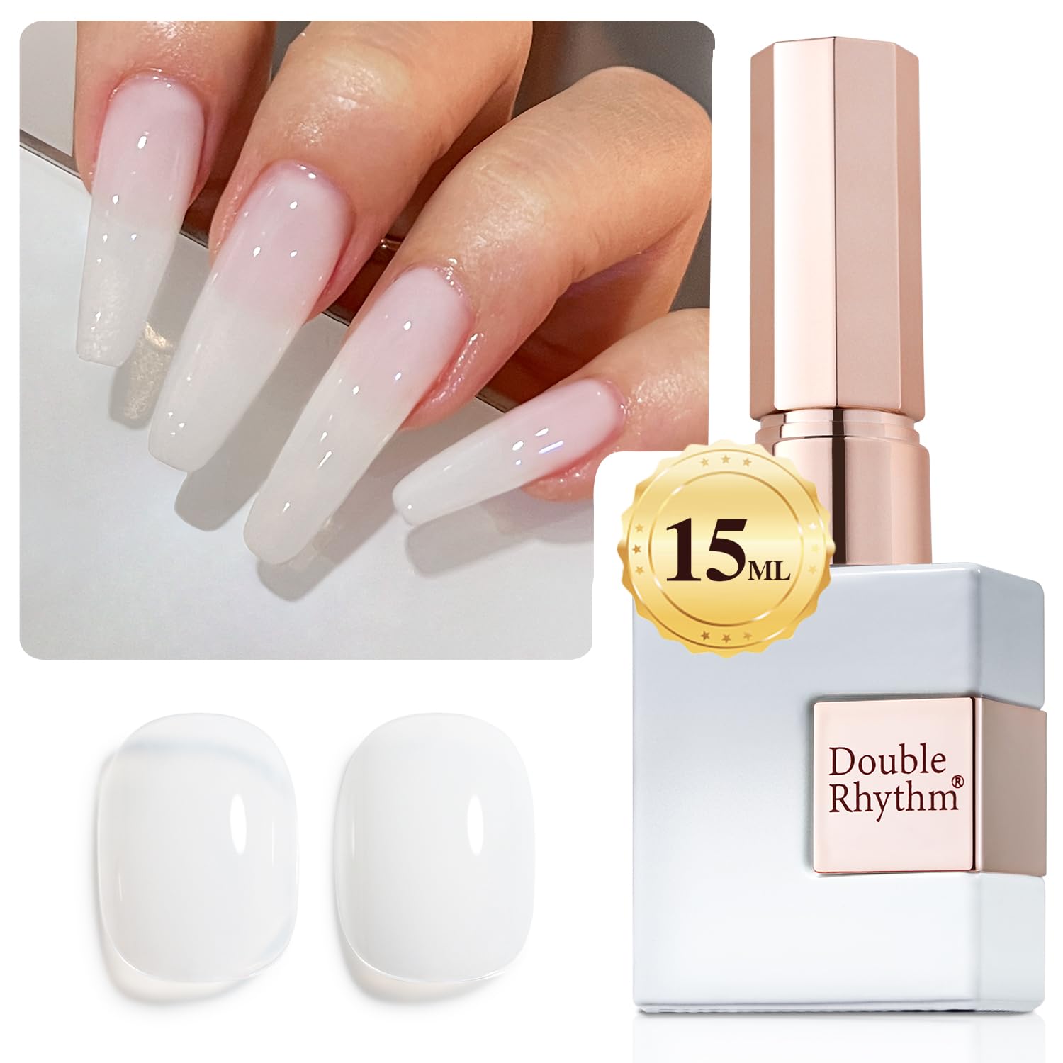 Double Rhythm esmalte gel transparente lechoso 15ml, acabado suave y natural para uñas discretas.