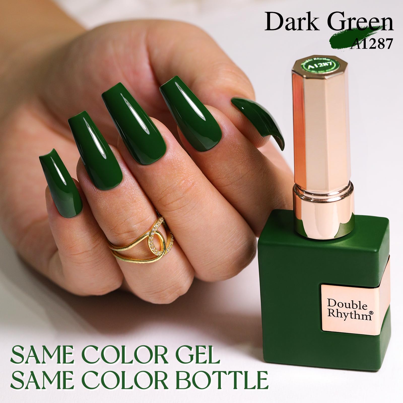 Double Rhythm gel verde oscuro sobre uñas, acabado suave y duradero.