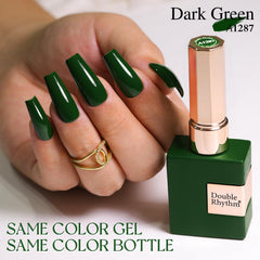 Double Rhythm gel verde oscuro sobre uñas, acabado suave y duradero.