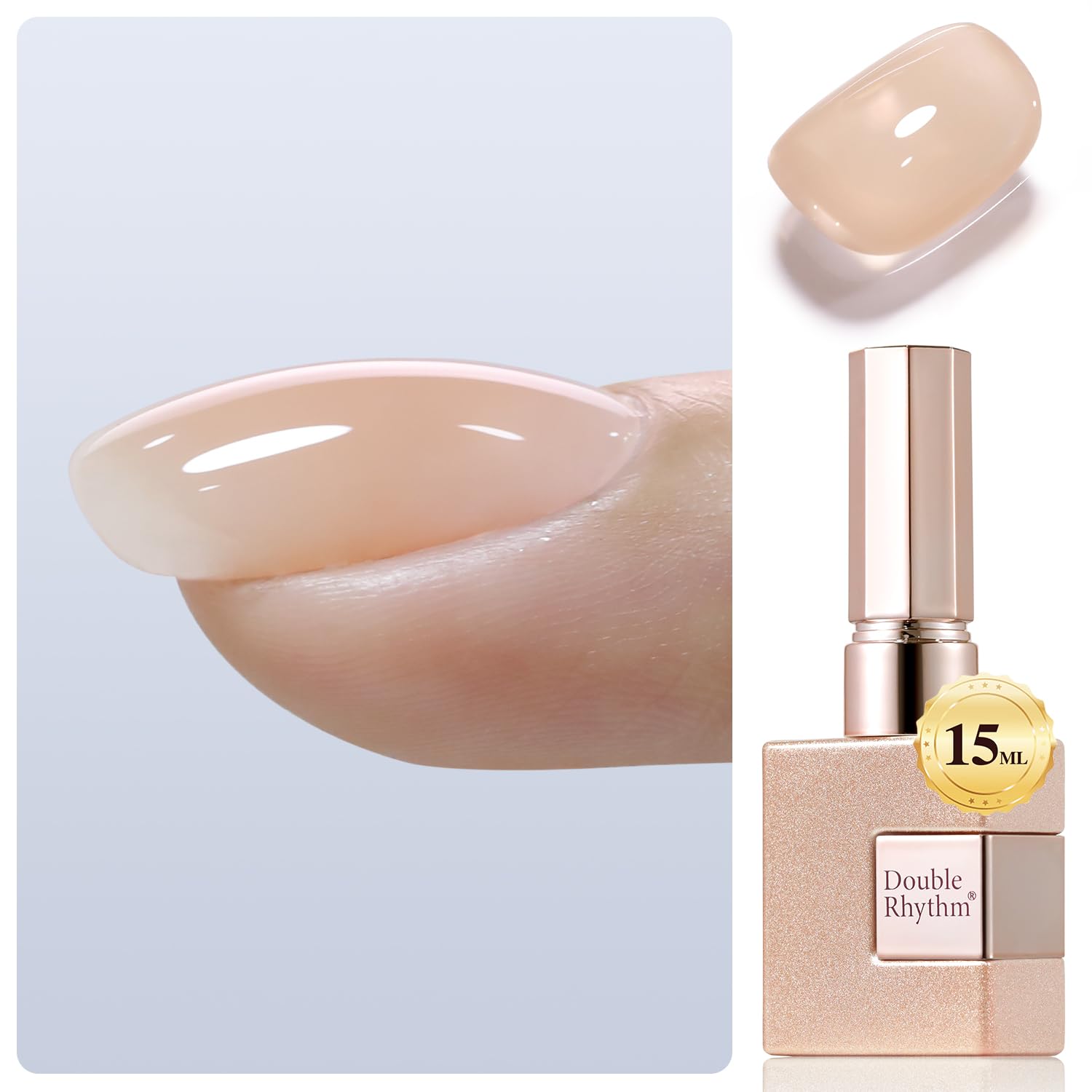 Double Rhythm gel claro en bote, fortalecimiento de uñas con acabado brillante y duradero.
