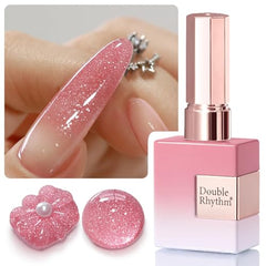 Double Rhythm muestra uñas con gel purpurina para acabado duradero.
