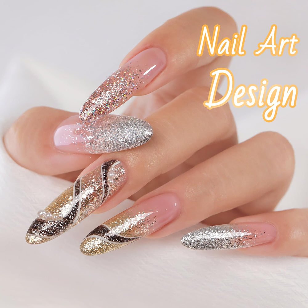 Arte de uñas con destellos glitter de Double Rhythm para celebraciones.
