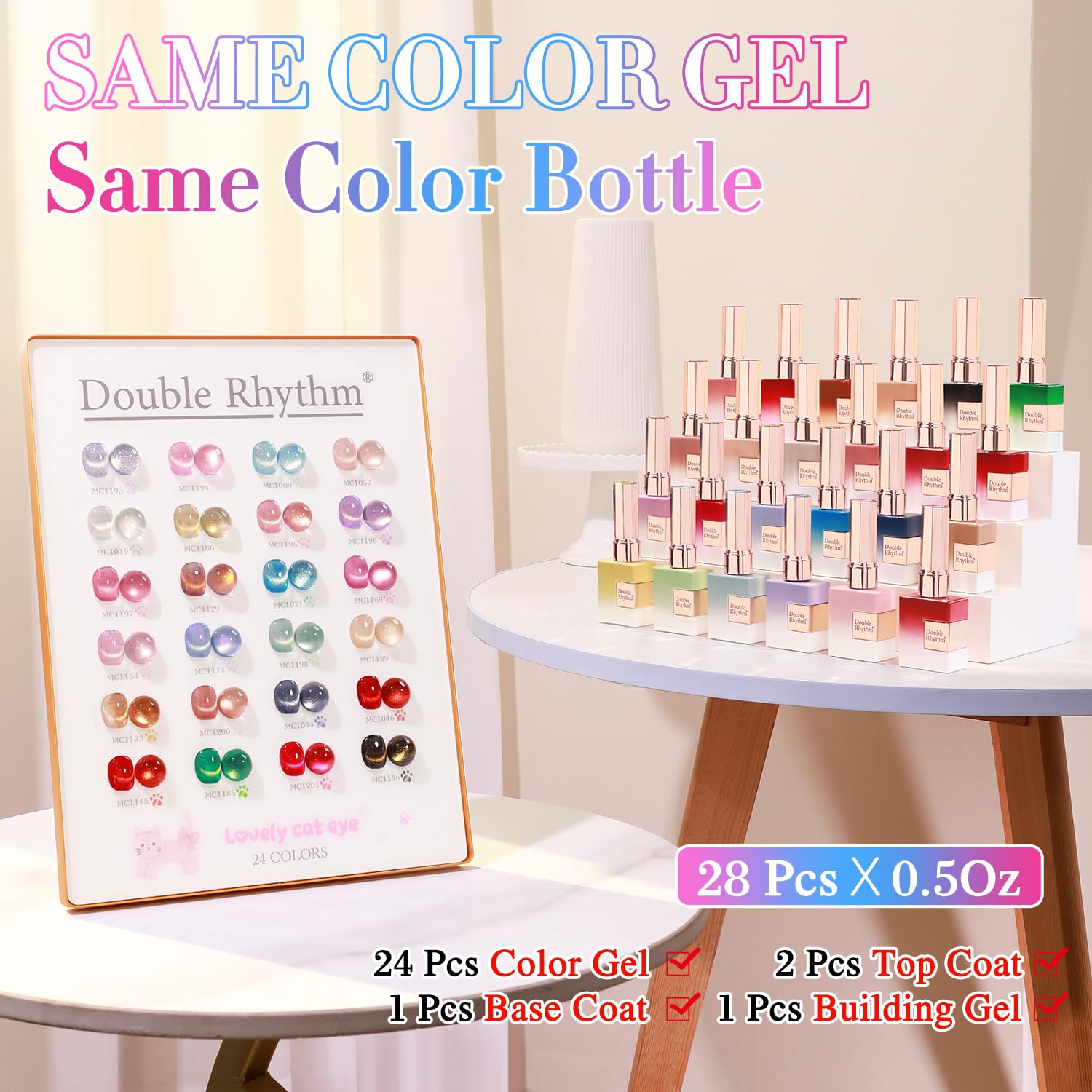 Kit œil-de-chat Double Rhythm, 28 pièces, base et top inclus.