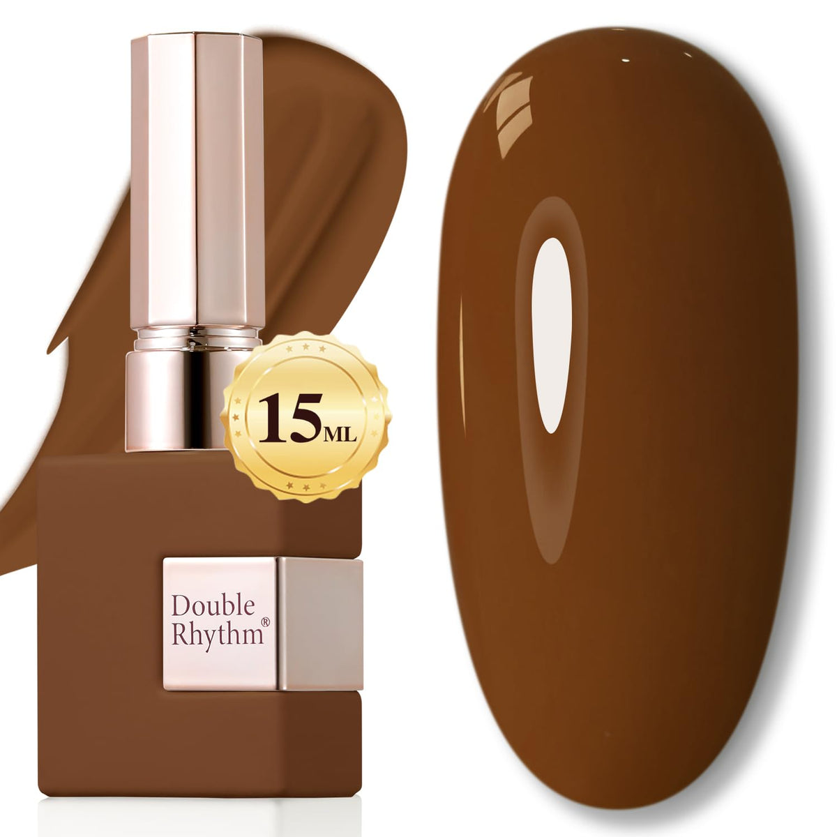 Doublerhythm Esmalte gel 15ml en botella marrón, listo para un acabado suave y elegante.