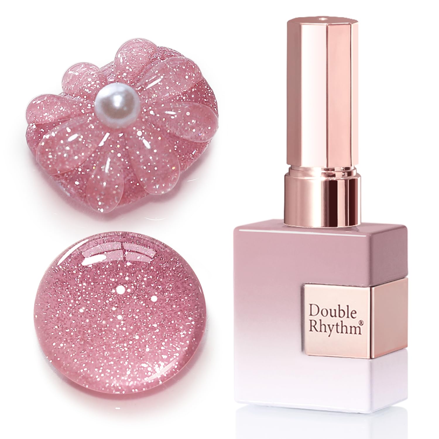 Double Rhythm esmalte gel con purpurina rosa claro para uñas brillantes.