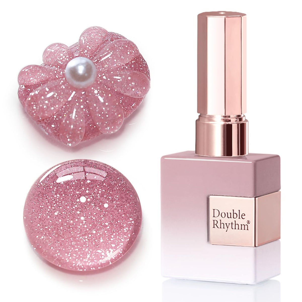 Double Rhythm esmalte gel con purpurina rosa claro para uñas brillantes.