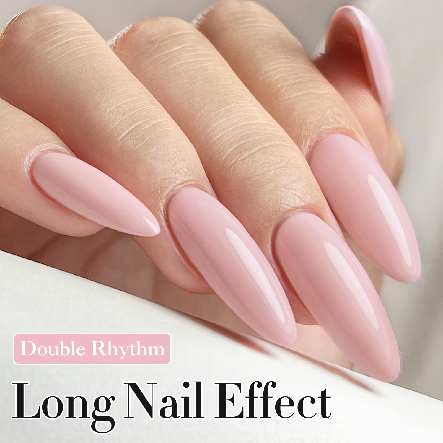 Double Rhythm gel uñas rosa bebé, frasco iluminado para secado rápido y acabado profesional