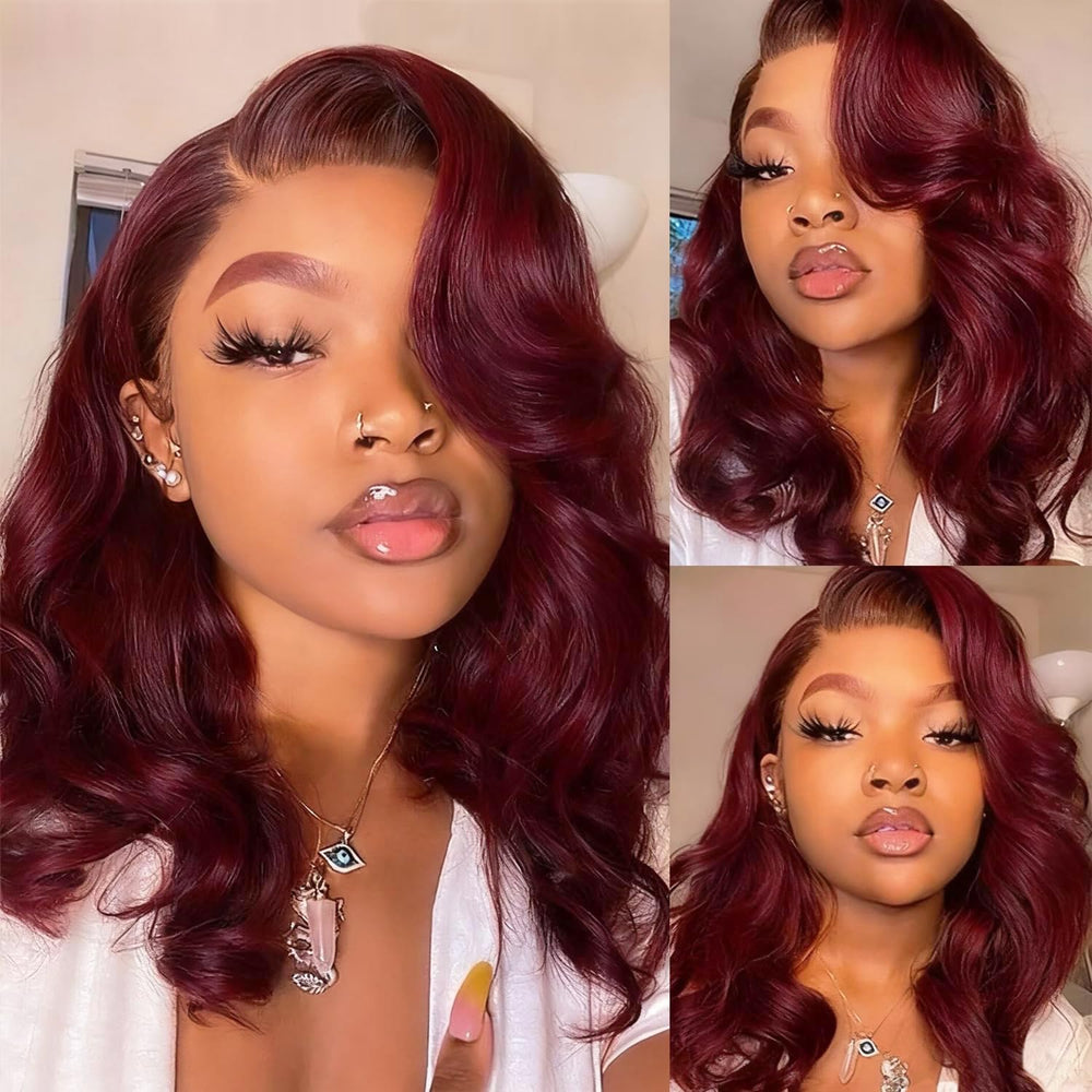 Douyin 99J Burgundy Bob Wig con frente de encaje, apariencia natural diaria