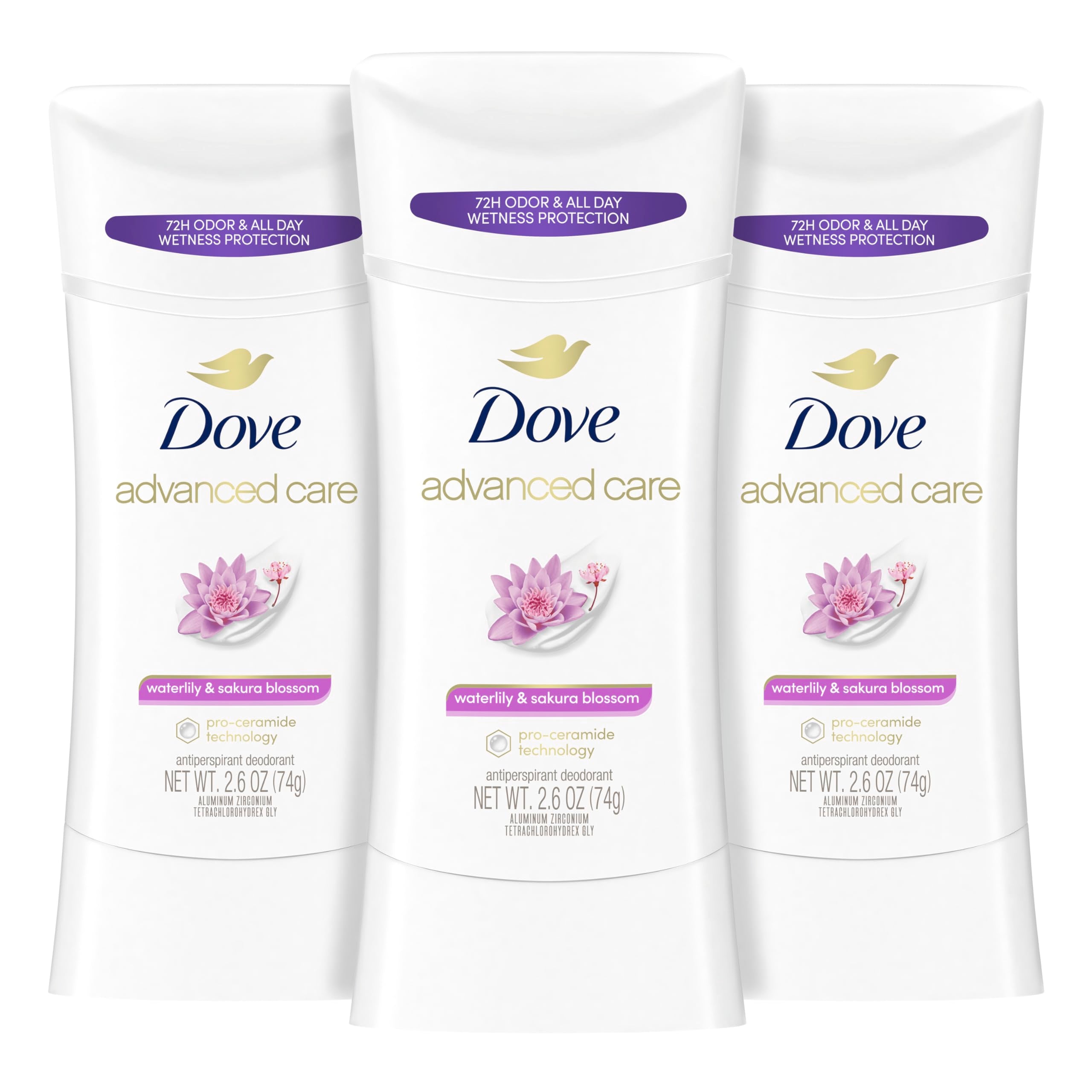 Dove Advanced Care bâton nenuphar-sakura, flacon visuel avec parfum délicat et fraîcheur durable.