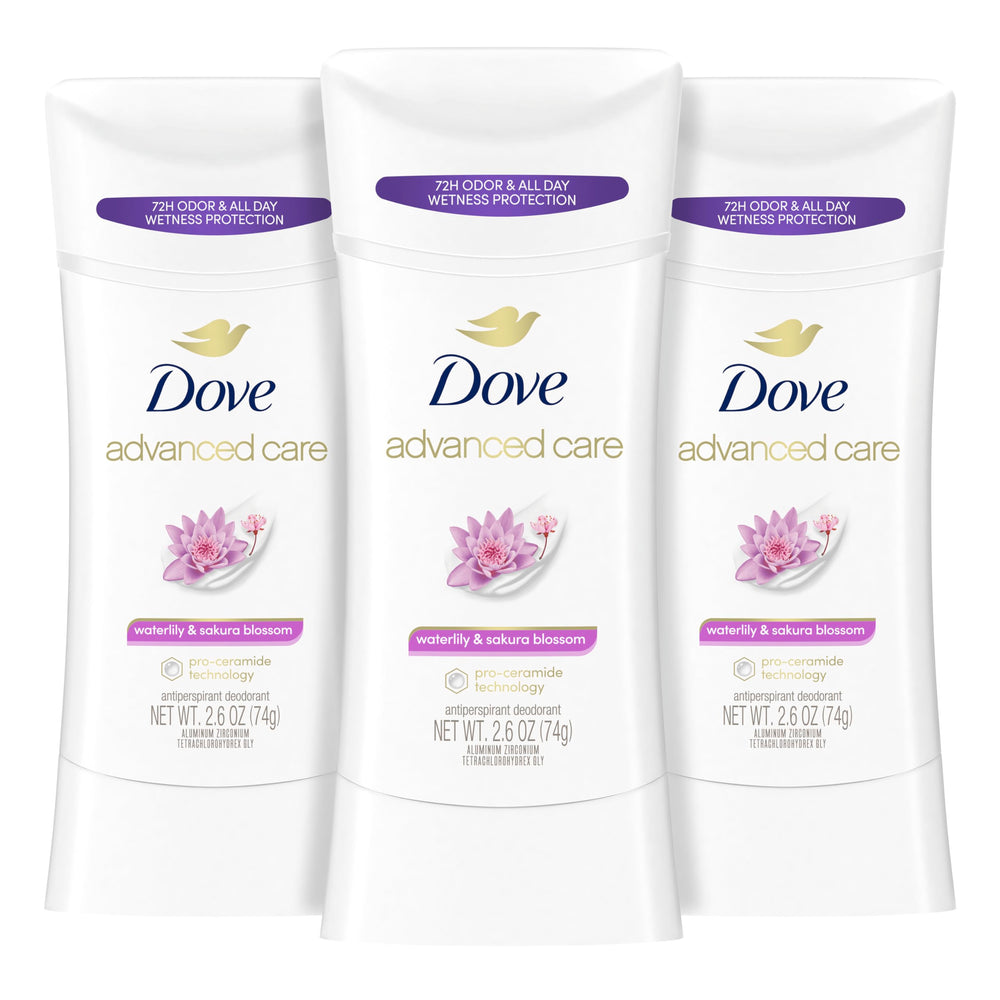 Dove Advanced Care bâton nenuphar-sakura, flacon visuel avec parfum délicat et fraîcheur durable.