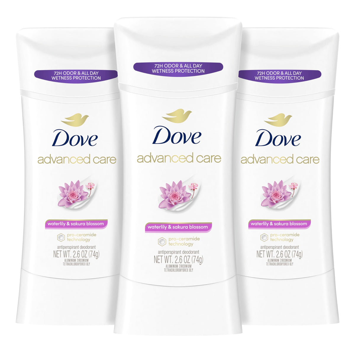 Dove Advanced Care bâton nenuphar-sakura, flacon visuel avec parfum délicat et fraîcheur durable.