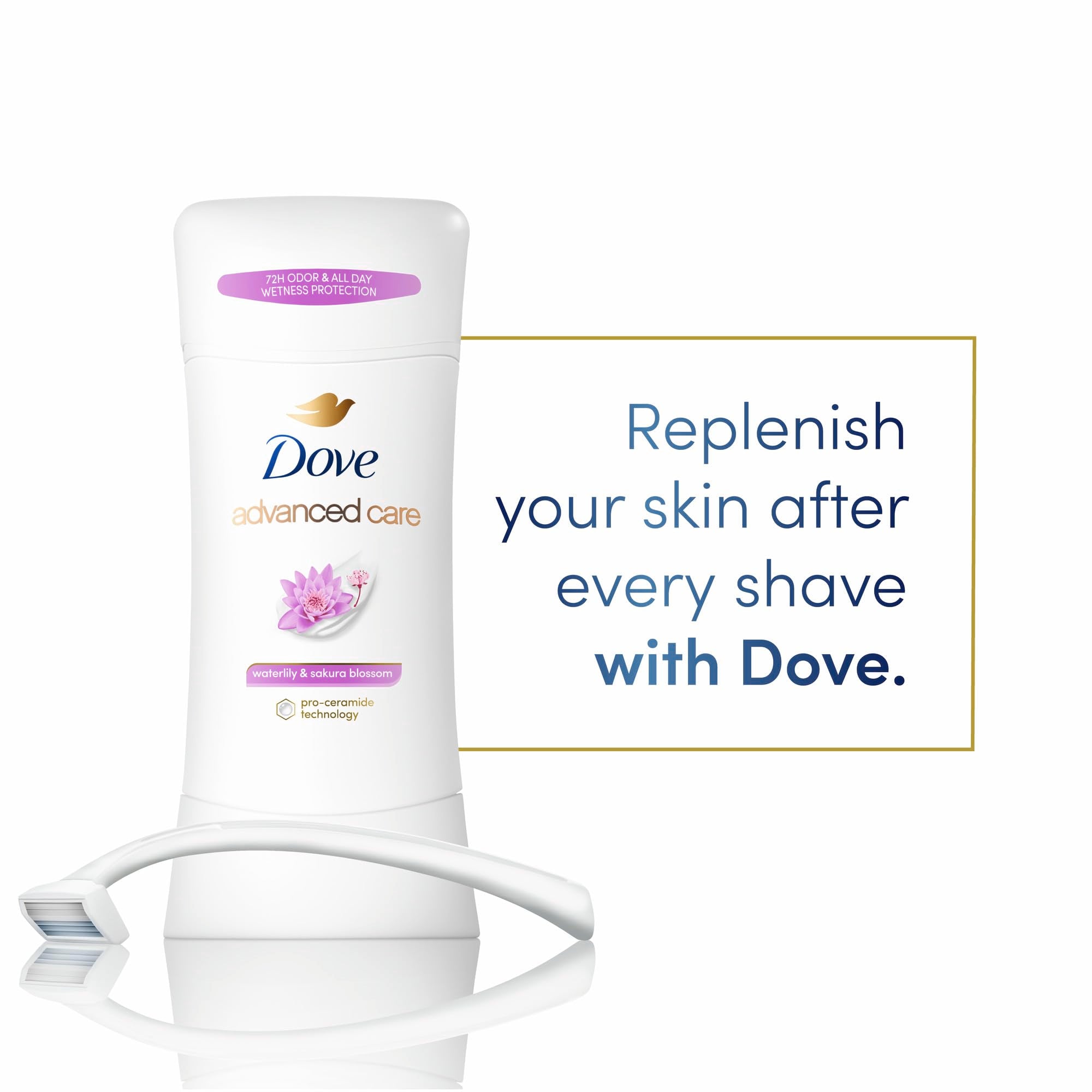 Dove Advanced Care baton-pro ceramide, illustration de la technologie renforçant la barrière cutanée.