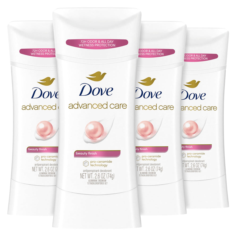 Dove Advanced Care Beauty Finish stick packaging for a four-count box.