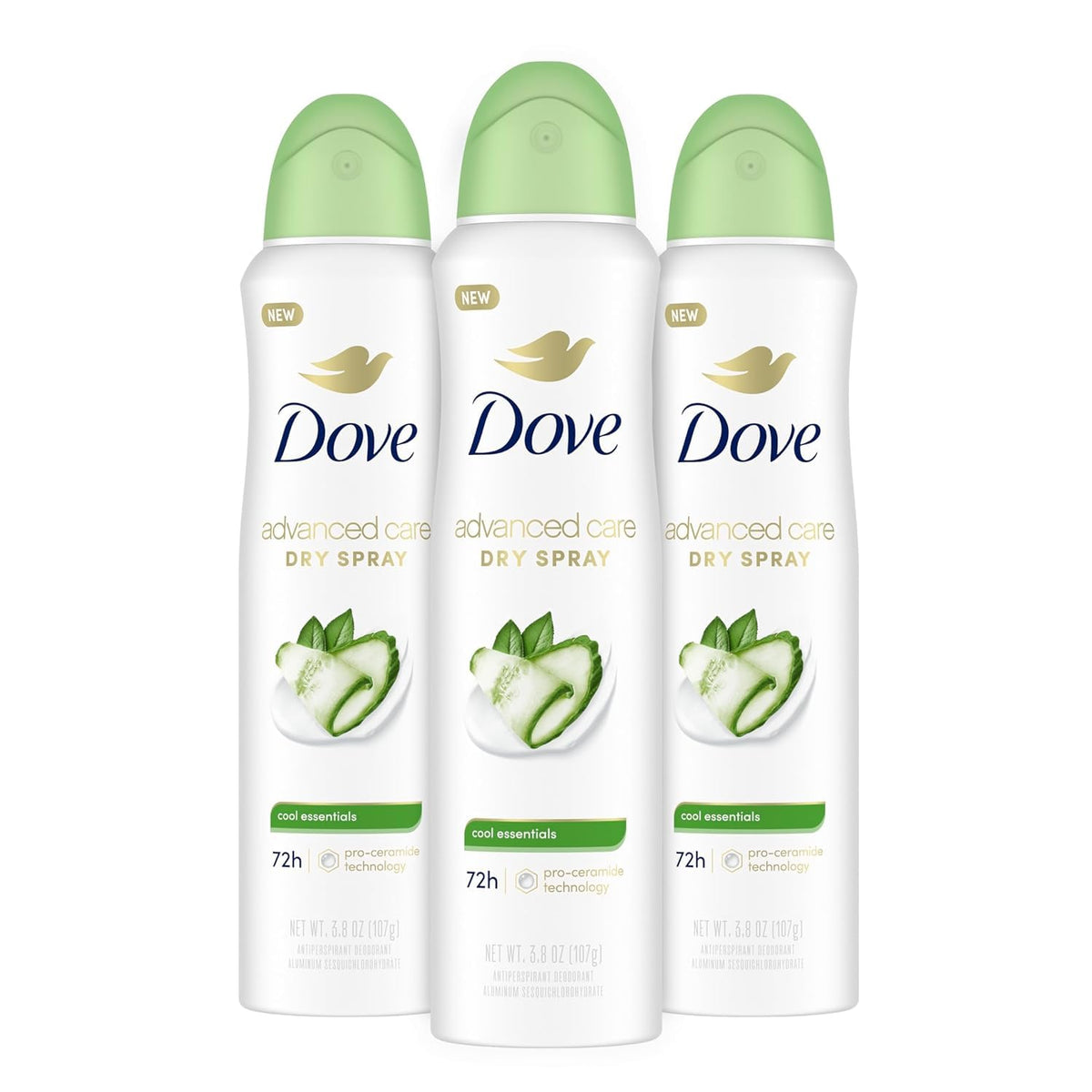 Dove Advanced Care Cool Essentials en lata, spray seco suave para axilas.