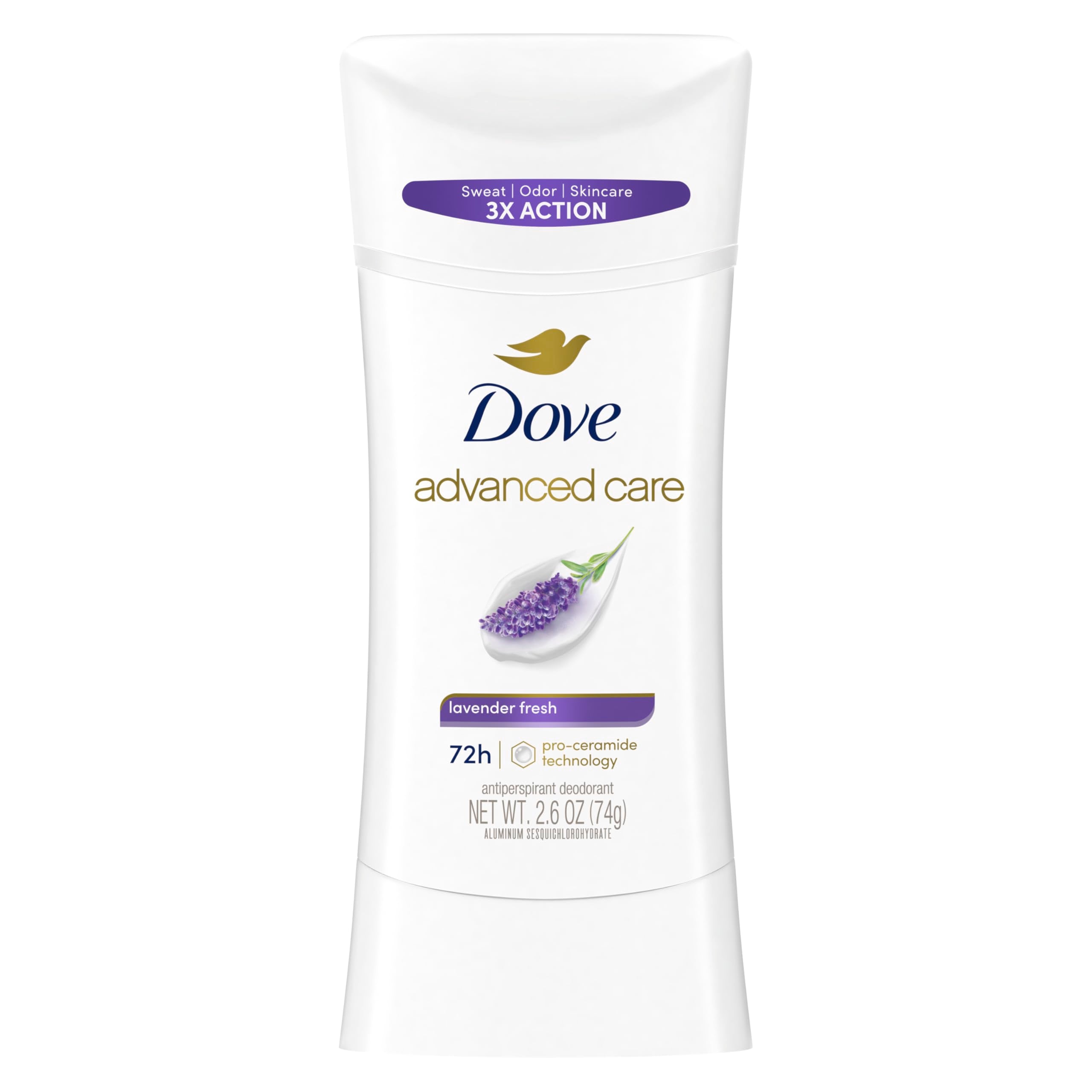 Desodorante Dove Advanced Care Lavender Fresh en barra, aroma calmante para el día.