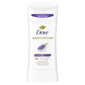Desodorante Dove Advanced Care Lavender Fresh en barra, aroma calmante para el día.