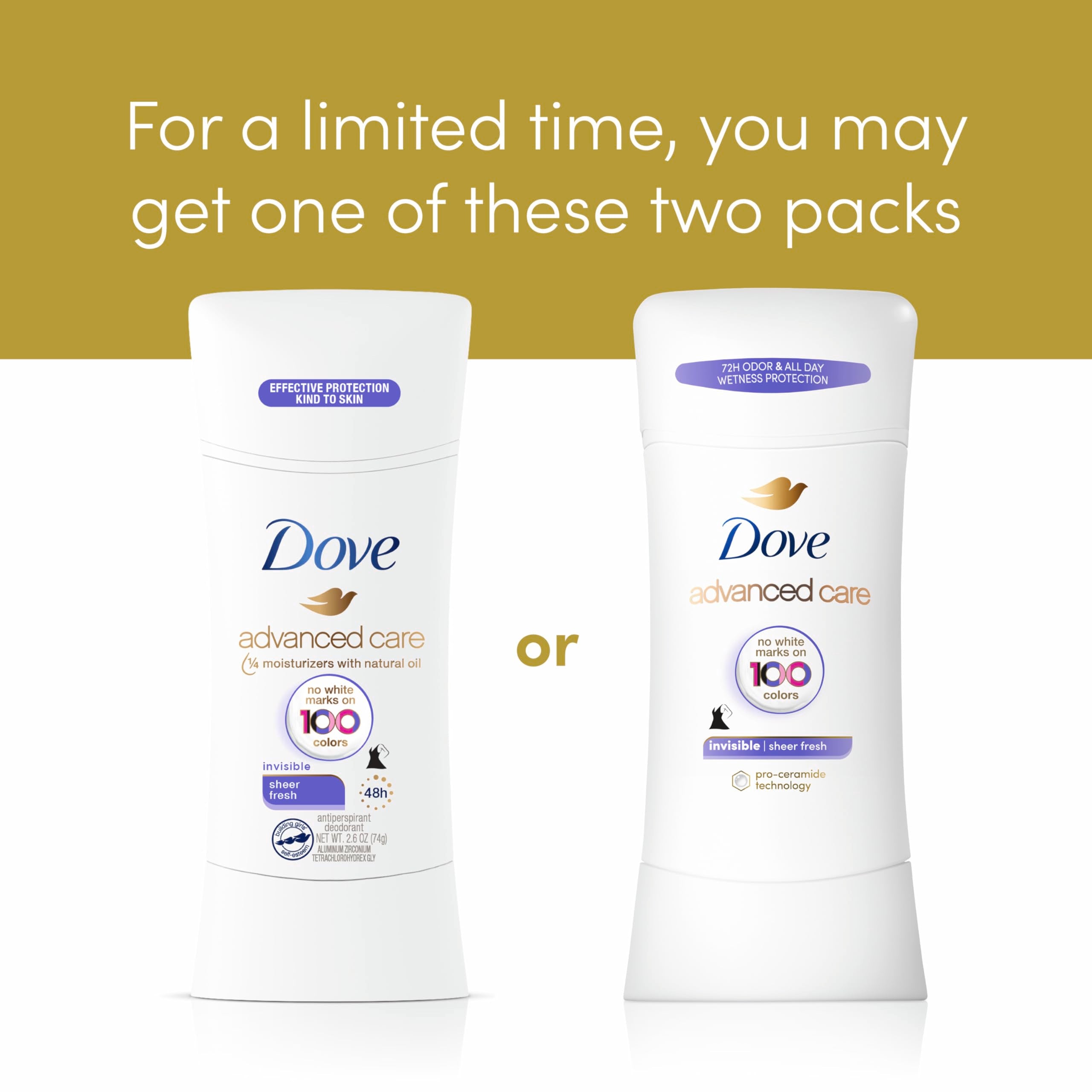 Dove Advanced Care Sheer Fresh: tecnología Pro-Ceramide para cuidado de la piel.