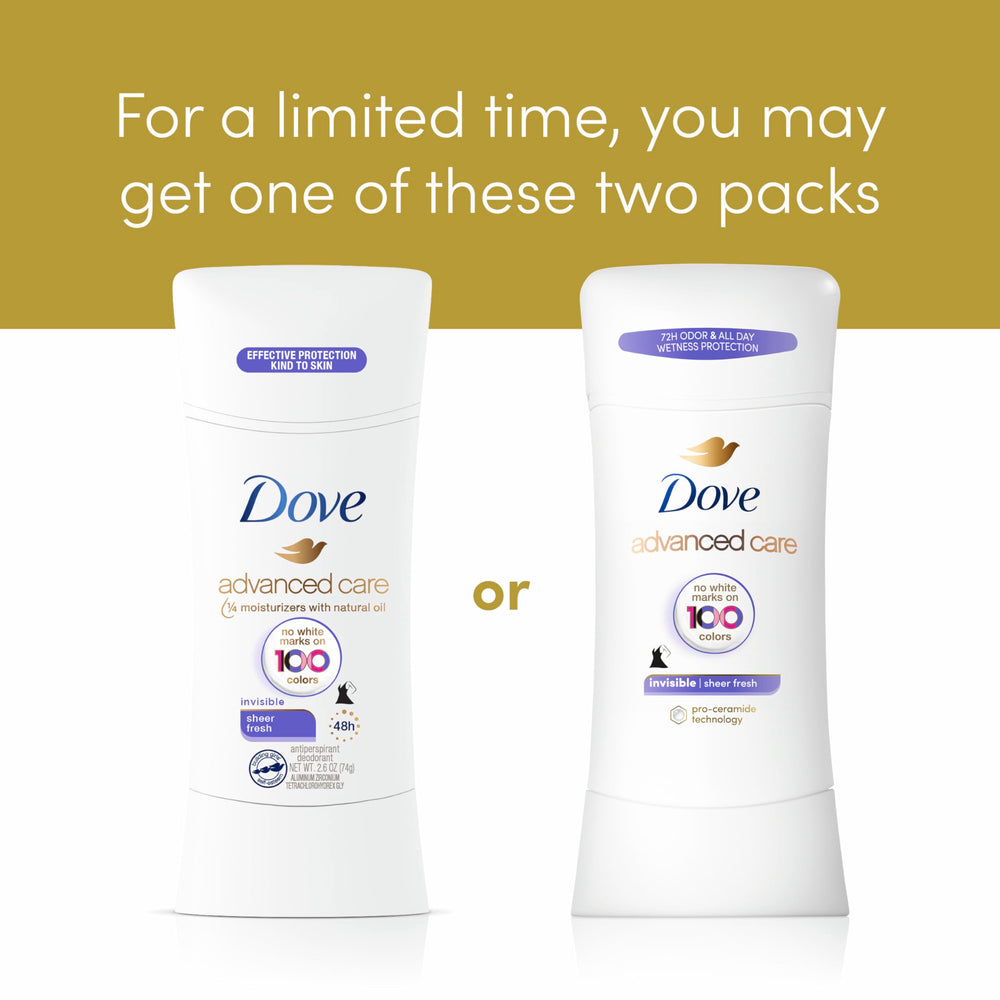 Dove Advanced Care Sheer Fresh: tecnología Pro-Ceramide para cuidado de la piel.
