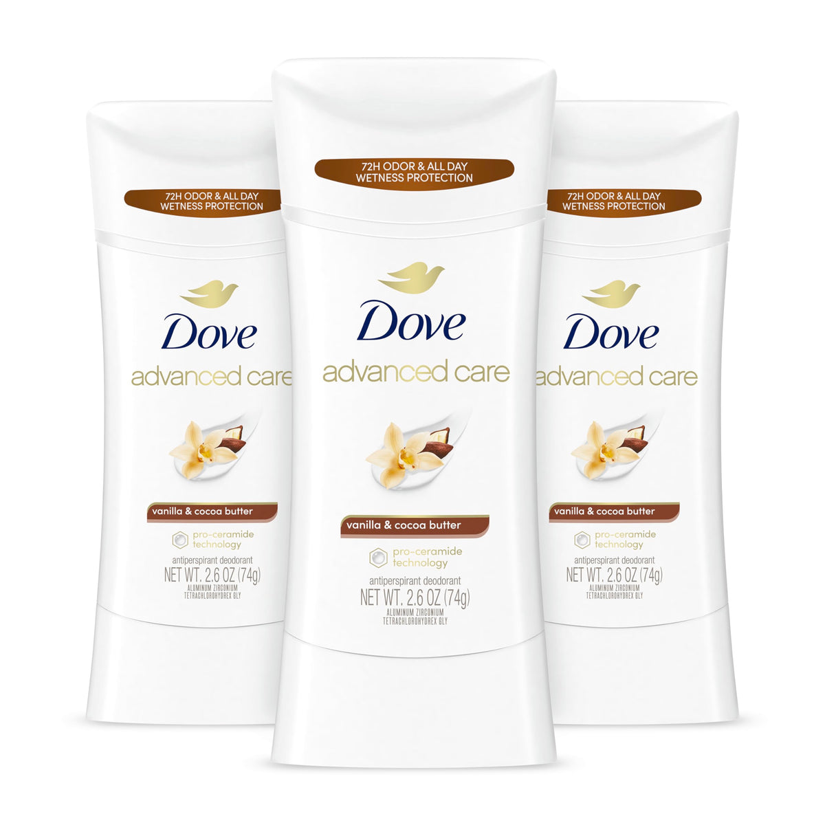 Dove Advanced Care Vanilla & Cocoa Butter stick front view for daily odor and sweat protection