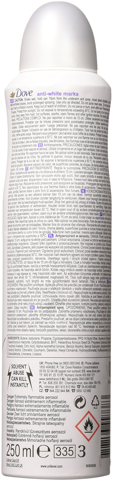 Detalle de aplicación suave del Dove antitranspirante spray para uso diario.