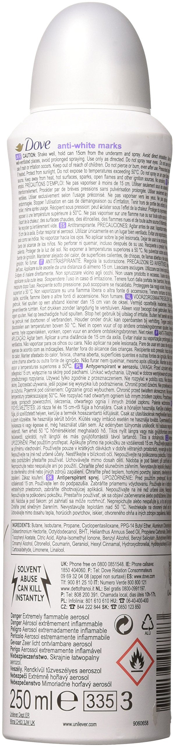 Detalle de aplicación suave del Dove antitranspirante spray para uso diario.