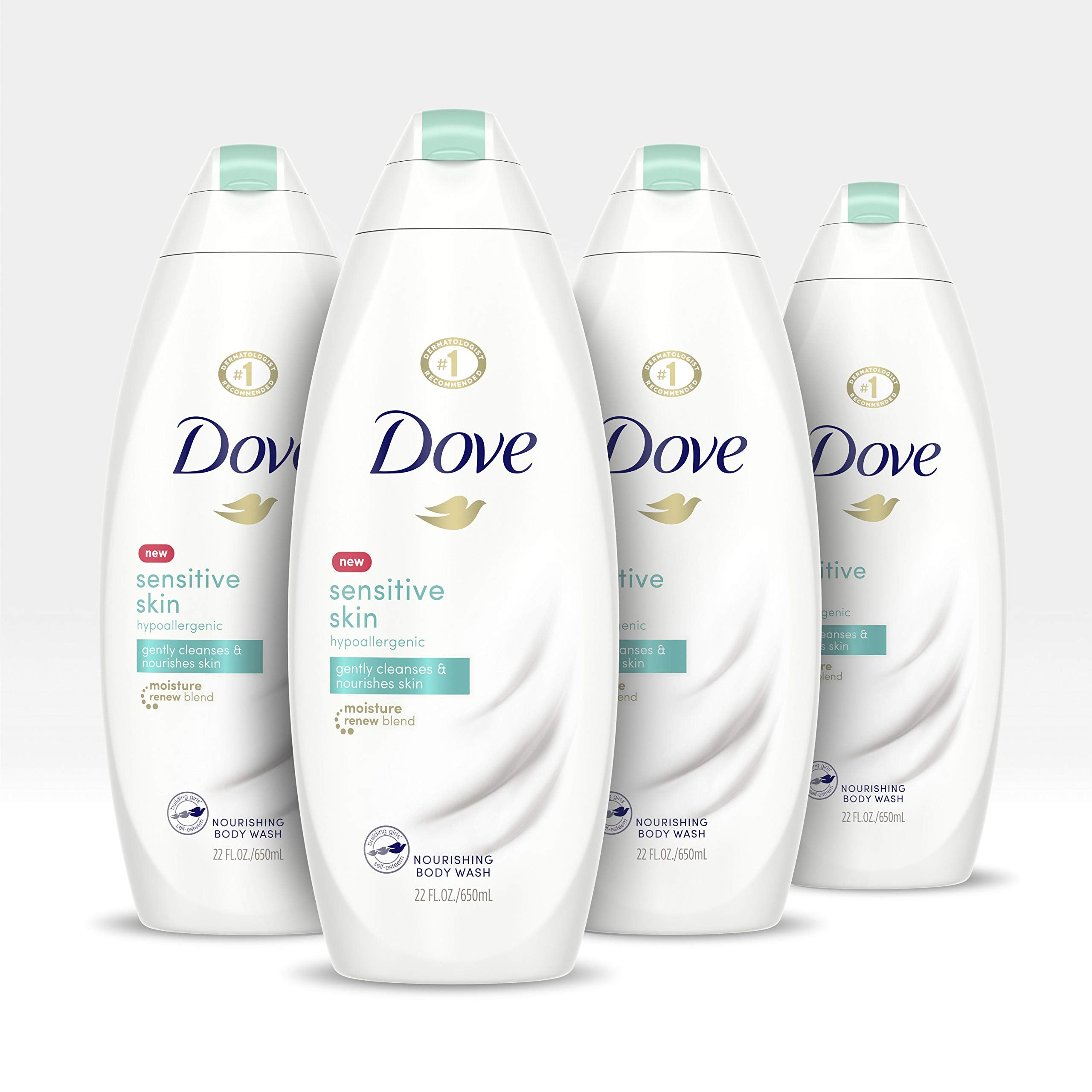 Dove gel de ducha sensible vertiendo espuma suave para uso diario.
