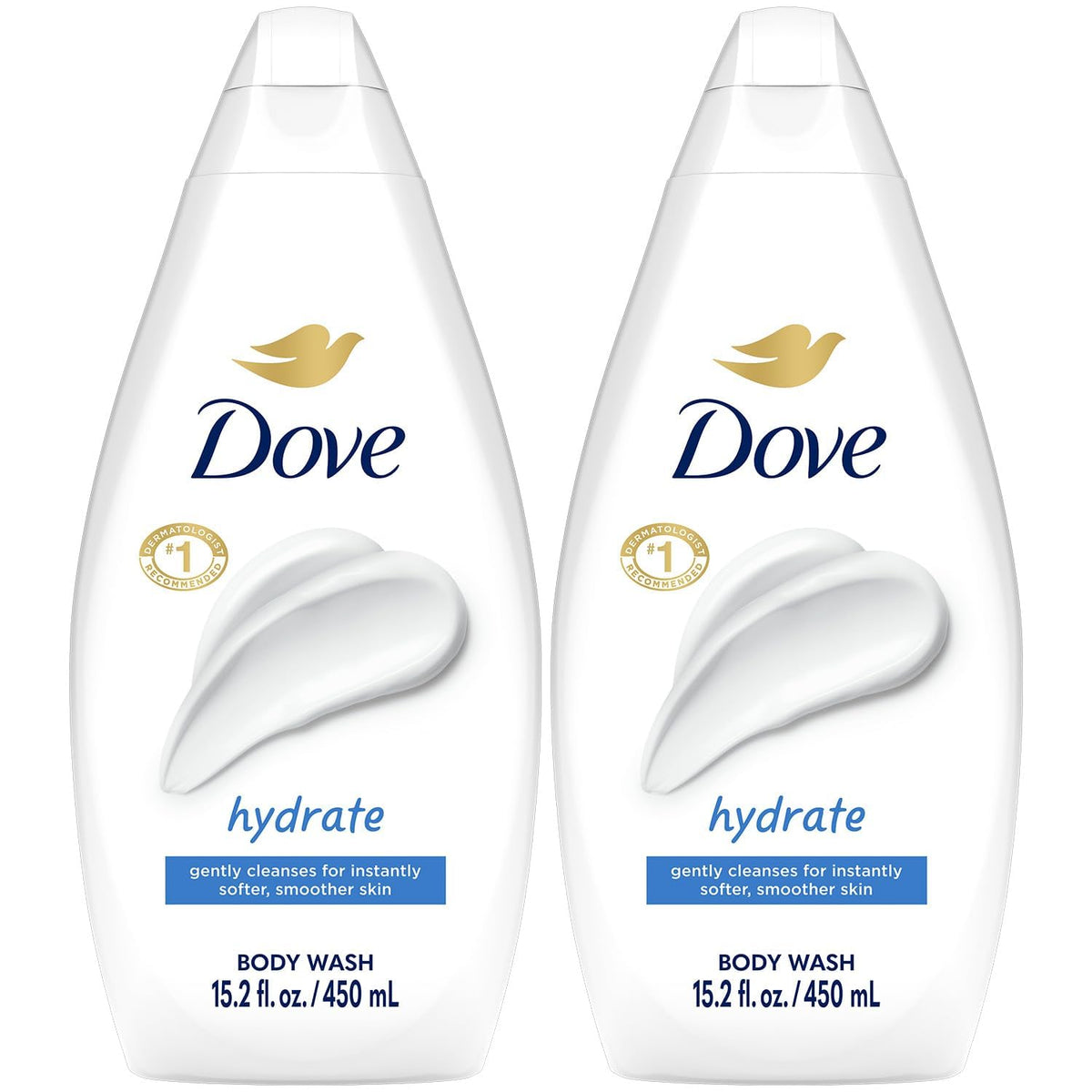 Dove Hydrate, dos botellas en pack, para una limpieza hidratante diaria.