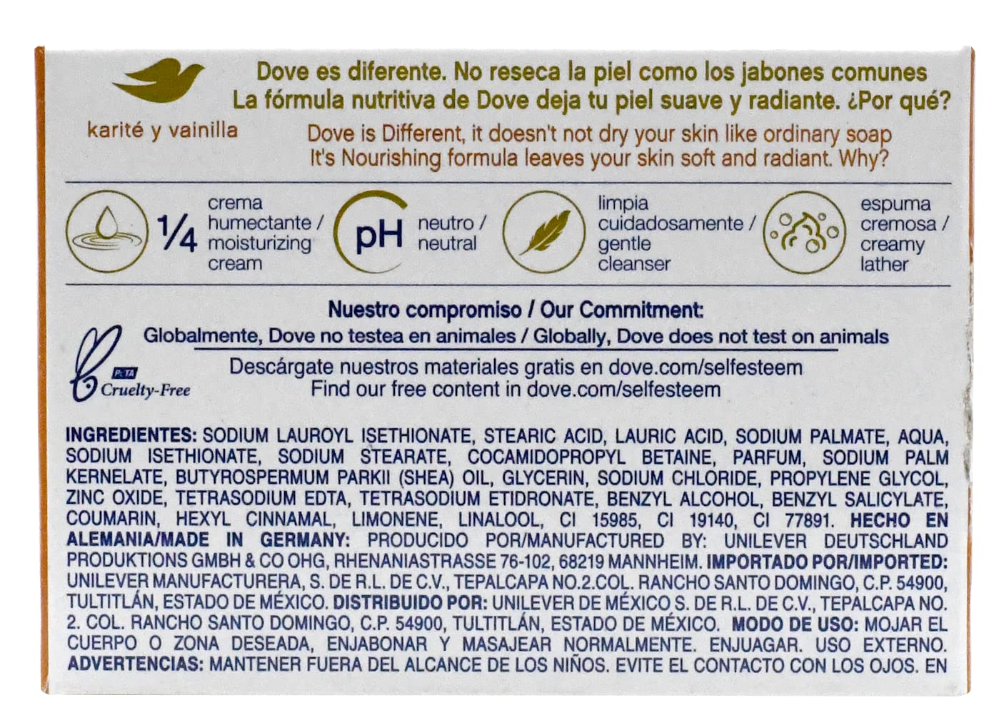 Barra Dove belleza para rostro, cuerpo y manos, uso diario.