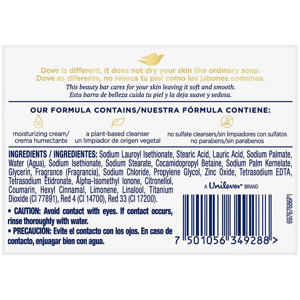 Dove barra espuma cremosa para limpieza suave y agradable.