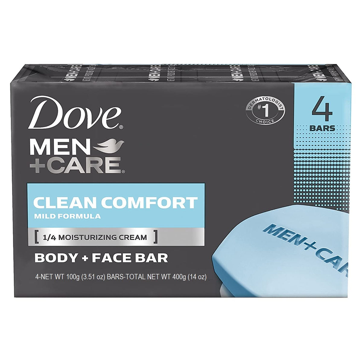 Dove cuidado masculino, empaque de 4 barras para uso diario.
