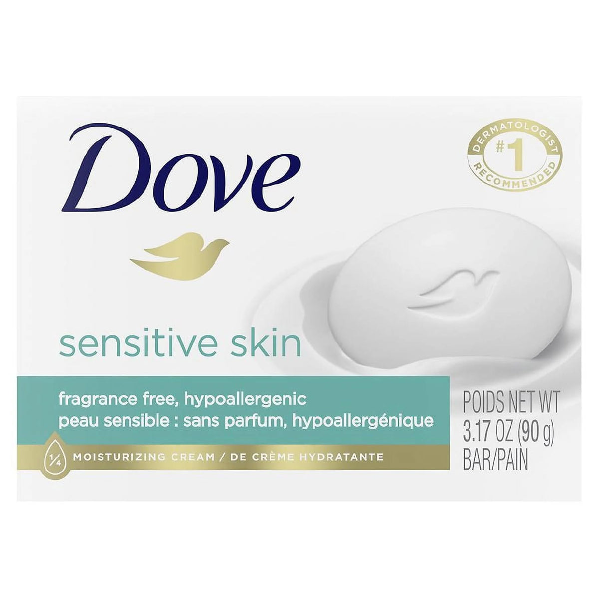 Dove barra jabón piel sensible, textura suave para uso diario.