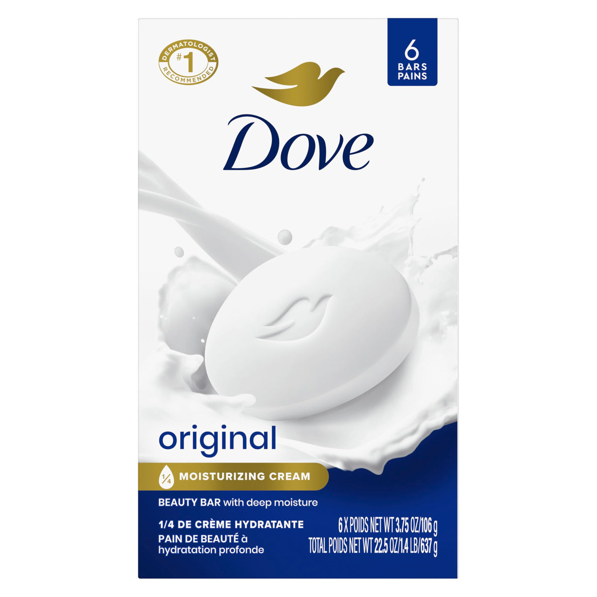 Dove Barra Original: barra cremosa visible, limpieza suave e hidratación diaria.
