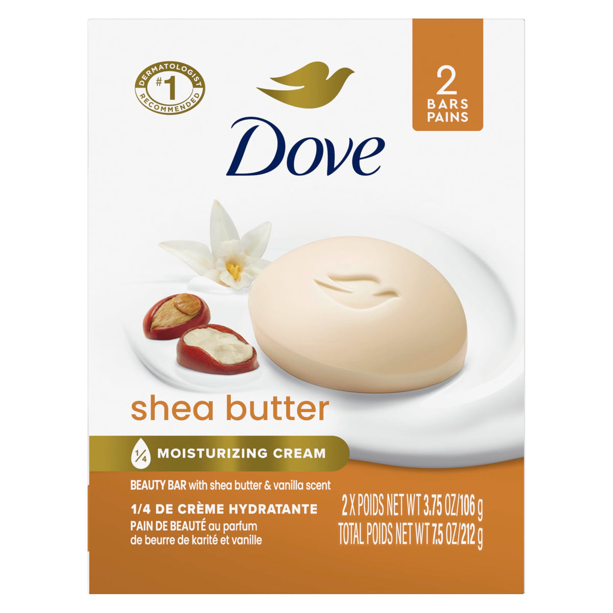 Dove barra con Shea manteca y aroma suave, hidrata la piel