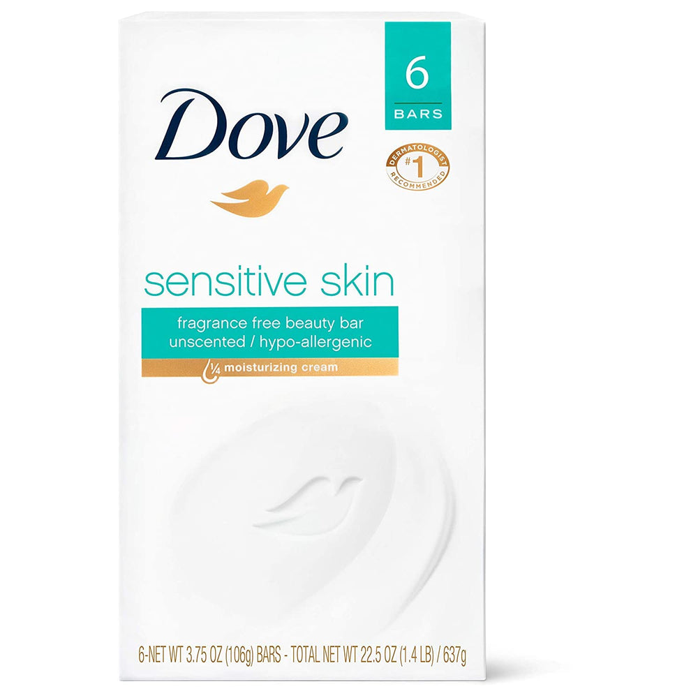 Dove Barras de baño sin fragancia para piel sensible, limpieza suave diaria.