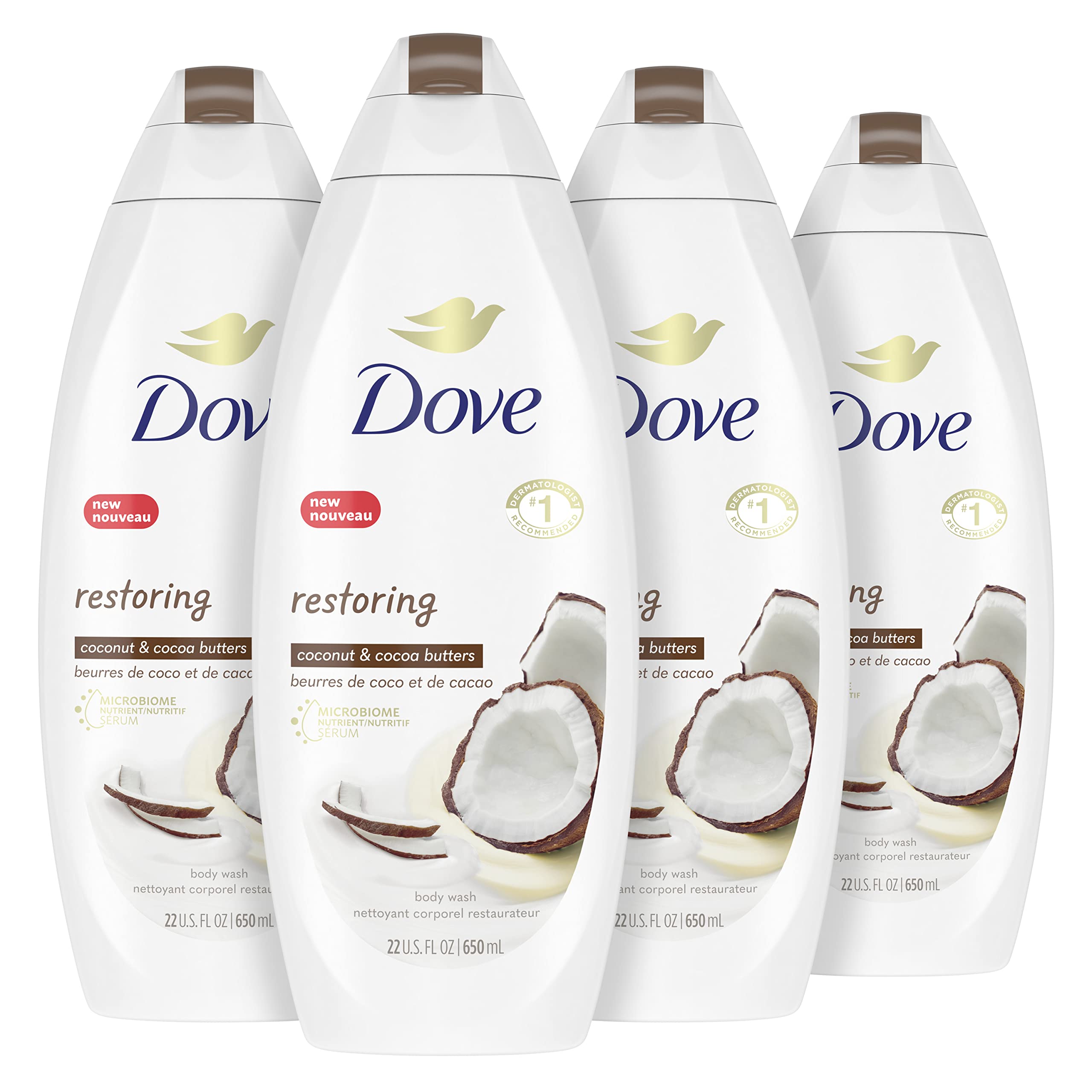 La botella Dove con coco y cacao ofrece limpieza suave y lujosa.