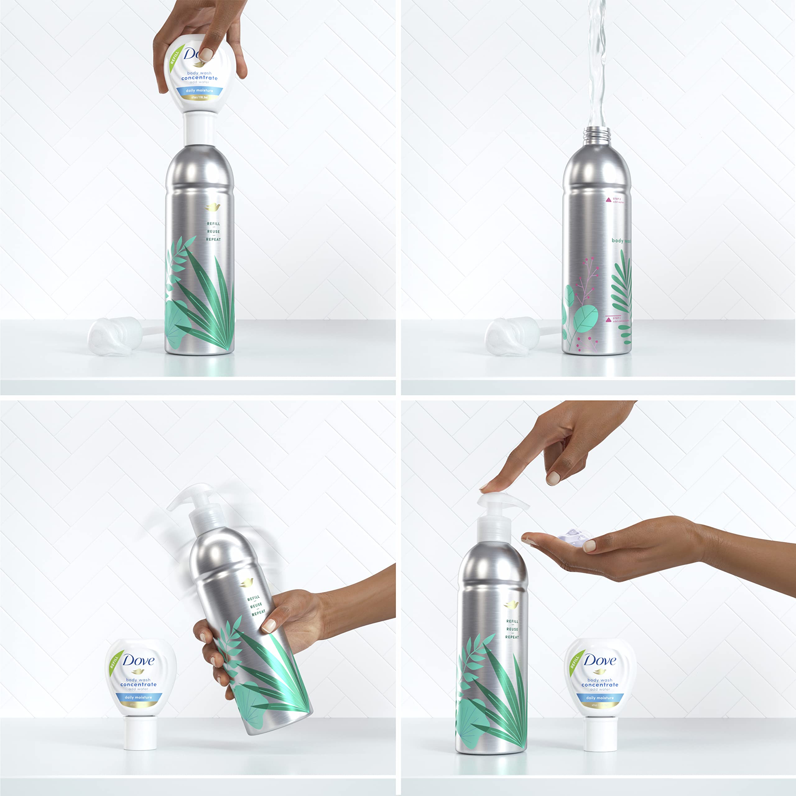 Botella reciclable para recargas Dove, opción sostenible del cuidado diario.