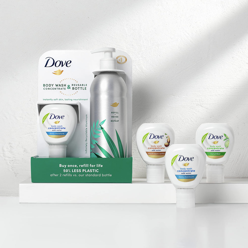 Fragancia pepino del concentrado Dove para una experiencia fresca.
