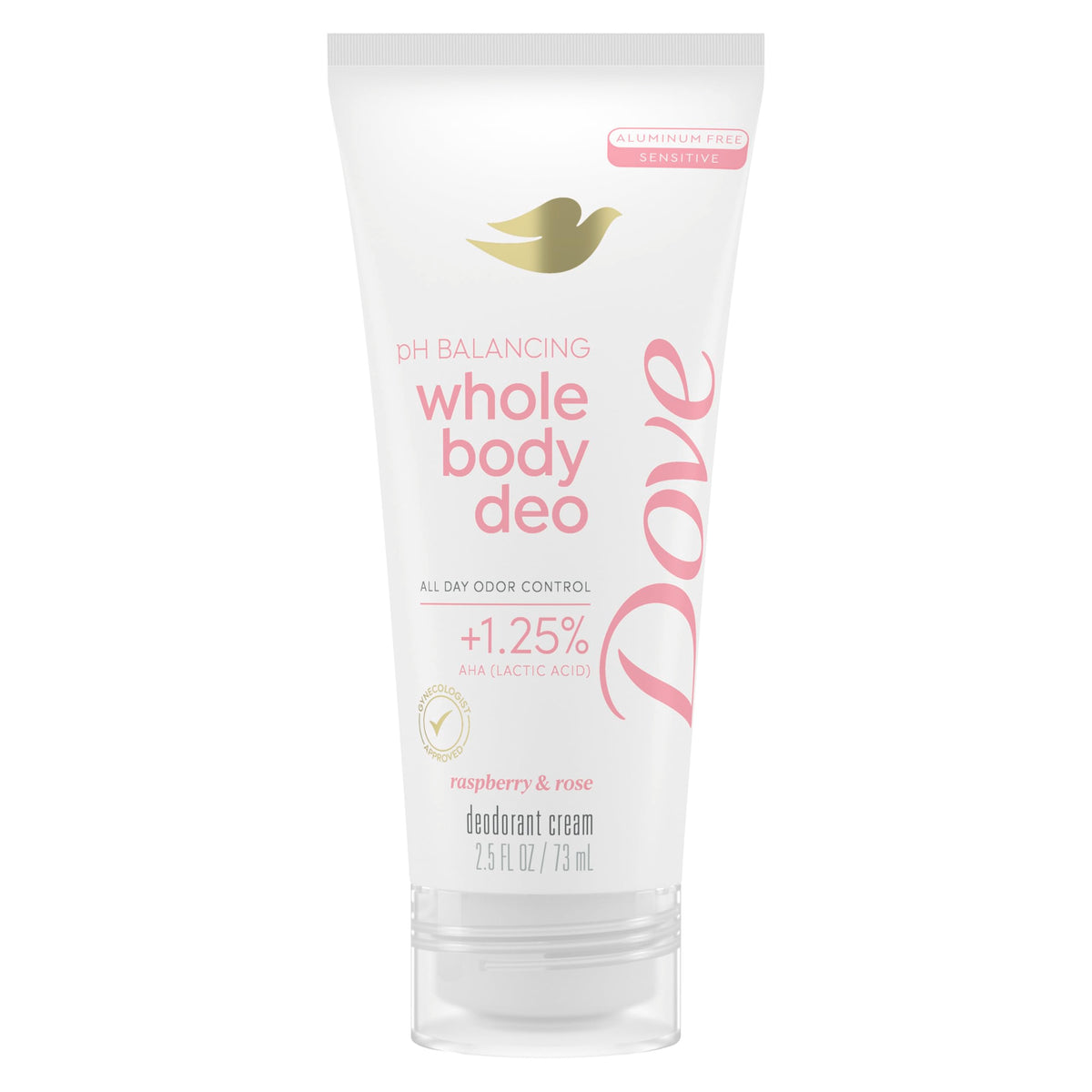 Dove crema desodorante corporal frambuesa rosa en botella, uso diario.