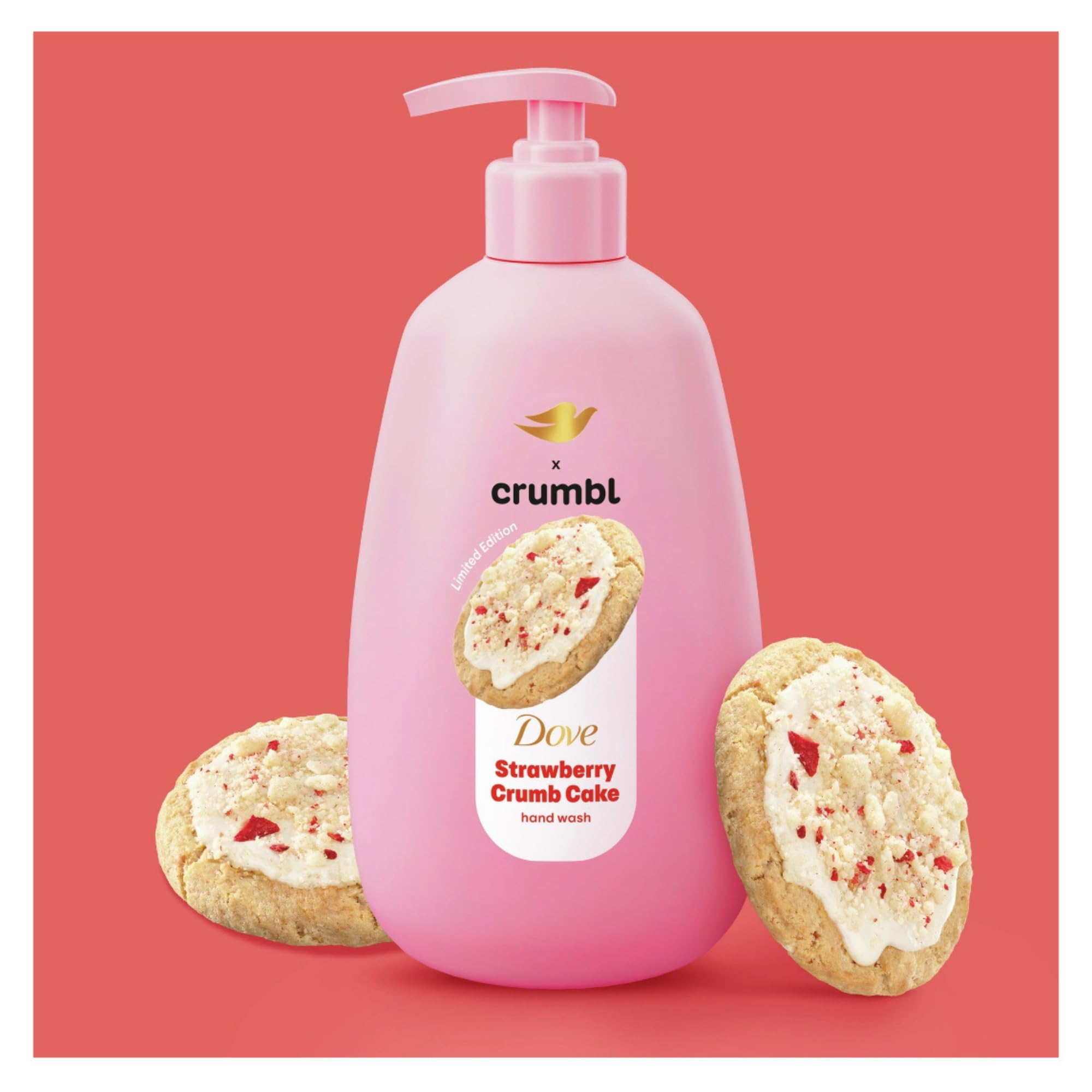 Dove Crumbl Strawberry Crumb Cake bottle with pump ready for easy lather