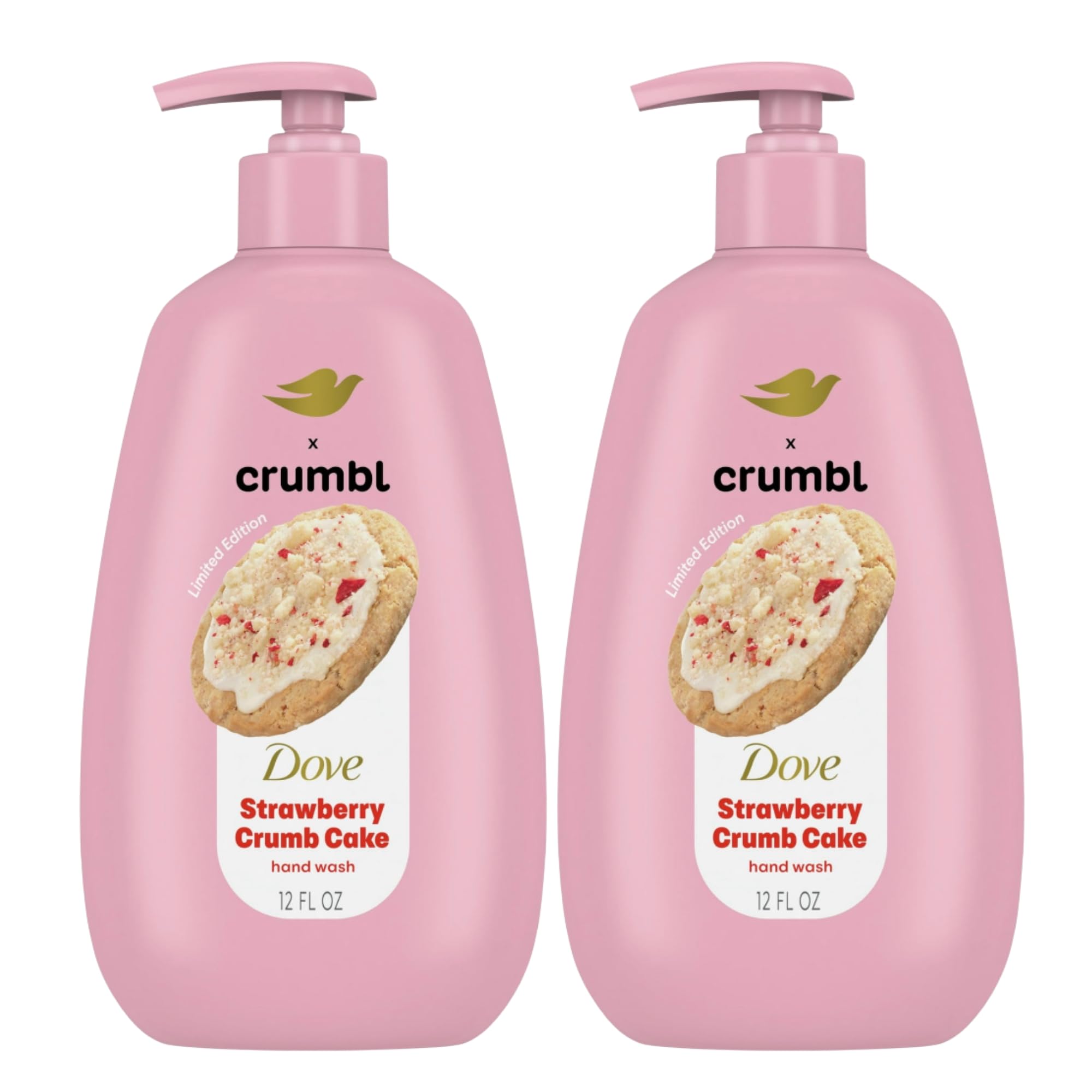 Dove Crumbl Strawberry Crumb Cake hand wash bottle with pump on sink for daily cleansing