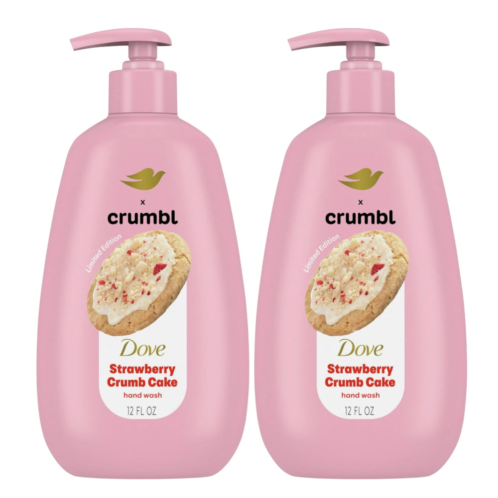 Dove Crumbl Strawberry Crumb Cake hand wash bottle with pump on sink for daily cleansing