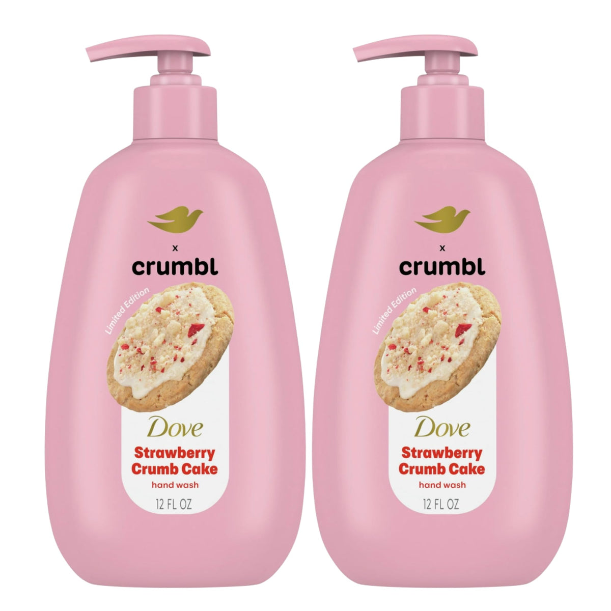 Dove Crumbl Strawberry Crumb Cake hand wash bottle with pump on sink for daily cleansing