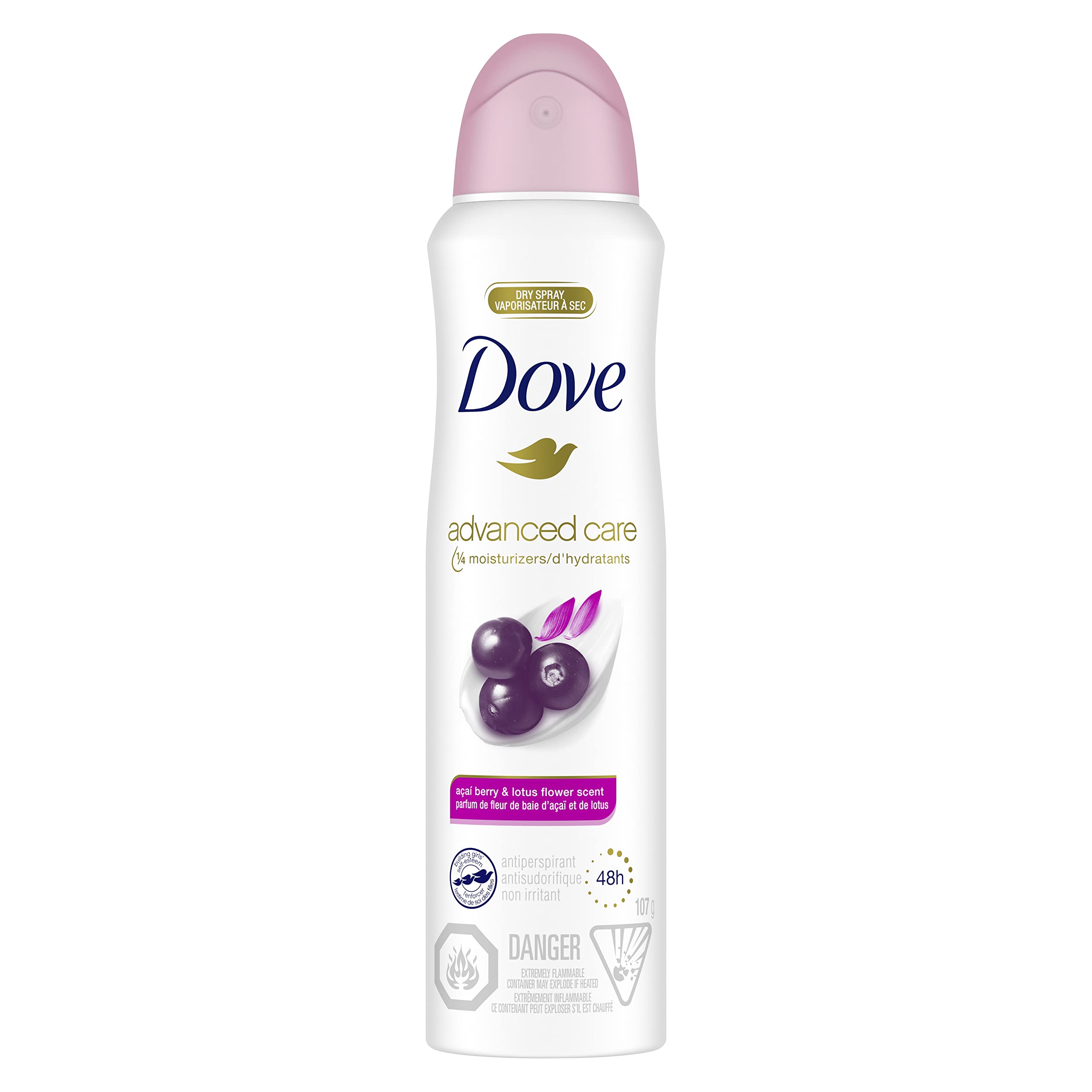 Frasco de Dove Cuidado Avanzado con bayas de acai y flor de loto para refrescar.