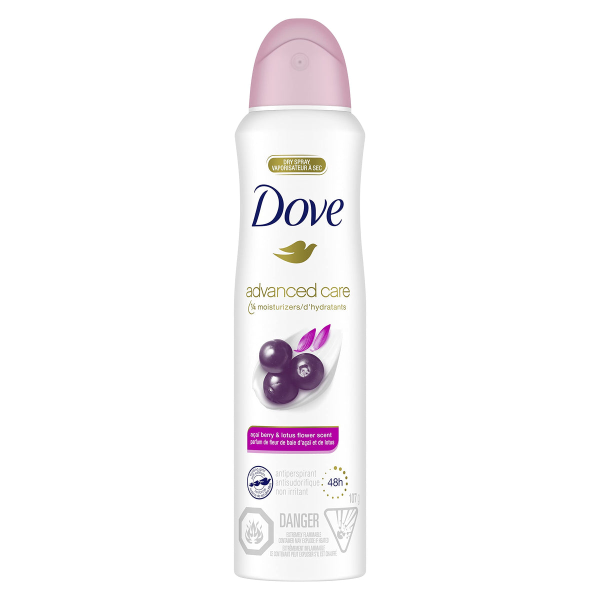 Frasco de Dove Cuidado Avanzado con bayas de acai y flor de loto para refrescar.